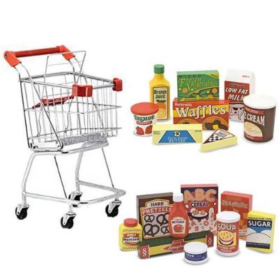 Melissa & Doug Shopping Cart with Wooden Pantry Products and Fridge Food Set