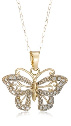 10k Two-Tone Gold Filigree Butterfly Pendant, 18″
