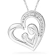 Platinum Plated Sterling Silver Round Diamond Mom and Child Heart Pendant (1/20 cttw)