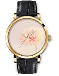 SPRAWL Aanalog Fashion Series Gold Ladies Watches of Genuine Black Leather Strap,Unique Wrist Watch for Women Girls Designed with Little girl in flower