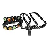 Wood Rosary and Two Religious Saints Wooden Tile Stretch Bracelet