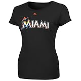 MLB Majestic Miami Marlins Ladies Official Wordmark T-Shirt - Black (Medium)
