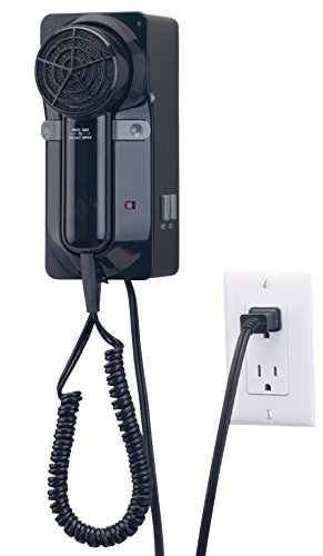 ProVersa JWM6CB Wall Mount Hair Dryer with 2-Speed and 3-Heat Settings, 1600-Watts, Black Finish