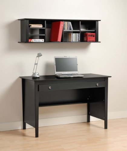 Prepac Contemporary Wood Desk and Wall Hanging Hutch in Black