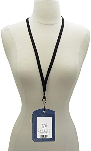 Cavelio ID Solid Colors Lanyard and Leather Badge Holder with Neck Strap (Lanyard-Black, ID-Blue)