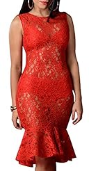 Sexy Lace Bateau Neck Sleeveless Mermaid Polyester/Spandex Bodycon Dress/Wedding Party Dress/Midi Dress 