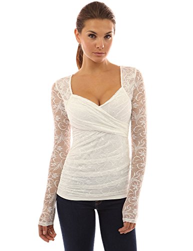 PattyBoutik Women's Sweetheart Floral Lace Long Sleeve Blouse