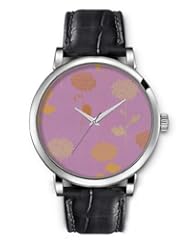 SPRAWL Aanalog Fashion Series Silver Ladies Watches of Genuine Black Leather Strap,Unique Wrist Watch for Women Girls Designed with Chrysanthemum flowers on purple background