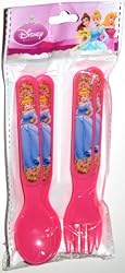 Disney Princess, Pink Plastic Flatware Set Featuring Cinderella, 2 Forks and 2 Spoons (1 Pack)