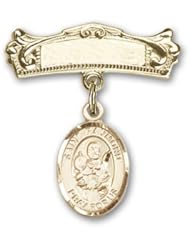 Gold Filled Baby Badge with St. Raymond Nonnatus Charm and Arched Polished Badge Pin