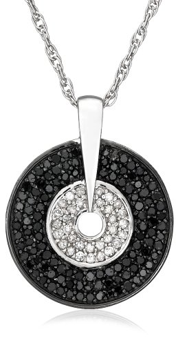 Sterling Silver Black and White Diamond Disc Pendant, (0.75 cttw)