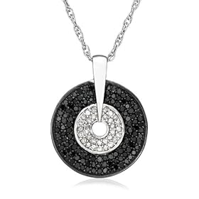 Sterling Silver Black and White Diamond Disc Pendant, (0.75 cttw)