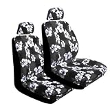 Set of 2 Universal Fit Hawaiian Low Back Front Bucket Seat Cover With Separate Headrest Cover for Seats - Charcoal Hawaii Hibiscus Floral Print