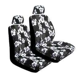 Set of 2 Universal Fit Hawaiian Low Back Front Bucket Seat Cover With Separate Headrest Cover for Seats - Charcoal Hawaii Hibiscus Floral Print