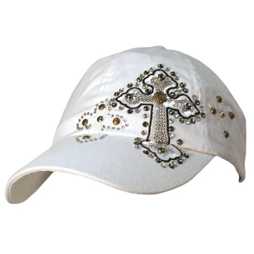 Cheap White Baseball Cap Hat W/Rhinestone Studded Crosses