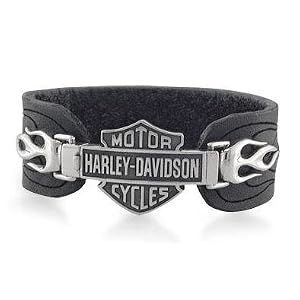 Harley-Davidson� Ladies Leather Flame Bar and Shield Cuff Silver Bracelet HDB0182
