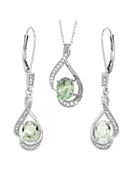 14K White Gold Natural Green Amethyst Lever Back Earrings & Pendant Set Diamond Accent