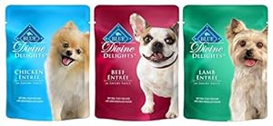 Blue Buffalo Divine Delights Natural Food For Dogs 3 Flavor Variety 6 Pouch Bundle: (2) Blue Divine Delights Chicken Entree In Savory Sauce, (2) Blue Divine Delights Beef Entree In Savory Sauce, and (2) Blue Divine Delights Lamb Entree In Savory Sauce, 3 Oz. Ea. (6 Pouches Total)