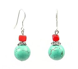 Earrings - E332 - Genuine Turquoise and Coral ~ 10mm Round