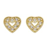 14k Yellow Gold, Heart Stud Earring Screw Back Lab Created Gems