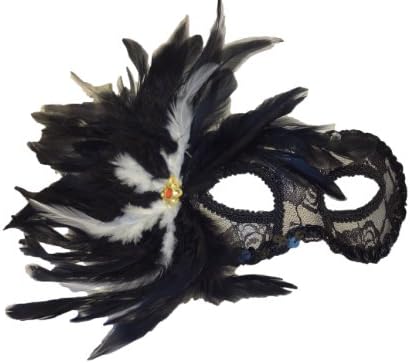 Sexy Venetian Semi-transparent Lace Mask with Feathers and Flower - Black (Black)