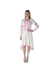 Gathered High-Low-Hem Scoop Neck Cotton Dropped   Waistline Long Sleeves Peasant Dress 