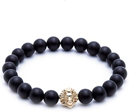 Agate Black Stone Bead 8mm with a Stainless Steel Lion Head Stretch Bracelet Gold Plated Color