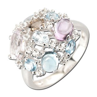 14K White Gold Pink, Blue & Brown Topaz & White with Lavender & Pink Amethyst Diamond Ring