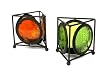 Set of 2 Modern Floral Stained Glass Tealight Holders with Brown Painted Metal Triangular Frame - Amber & Olive Green