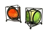 Set of 2 Modern Floral Stained Glass Tealight Holders with Brown Painted Metal Triangular Frame - Amber & Olive Green