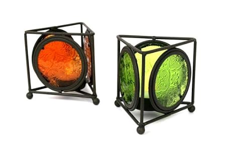 Set of 2 Modern Floral Stained Glass Tealight Holders with Brown Painted Metal Triangular Frame - Amber & Olive Green