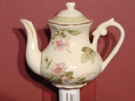 Tea Pot Night Light in Fine Porcelain-Pink Blossoms