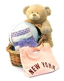 New York Baby Girl Gift Basket Set ~ Baby Pink New York Tee with Plush Bear Gift Basket