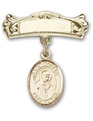 14K Gold Baby Badge with St. Robert Bellarmine Charm and Arched Polished Badge Pin