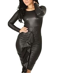 Faux-Leather/Polyester/Spandex  Ruched Cocktail Knee Length Long Sleeves Summer Club Dress/Party Dress/Mini Dress  With Ruffles