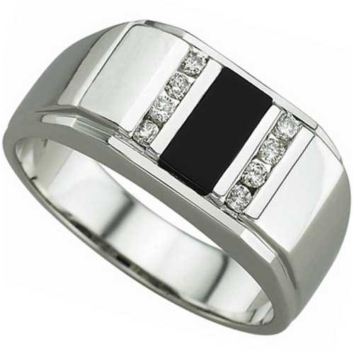 0.16 Ct.T.W. Round Brilliant Cut Diamonds Black Onyx 14Kt. White Gold. Black Onyx and Diamond Men's Ring