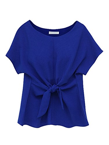 Persun Women Oversized Short Sleeve Crewneck Tie Front Chiffon Blouse