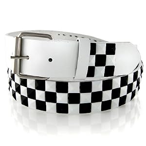 LEATHER WHITE CHECKERED STUDDED SNAP BELT WITH DETACHABLE BUCKLE