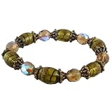 Bracelet-B88-FacetedGlassandMuranoStyleBeads-Stretch~OliveGreenandGold