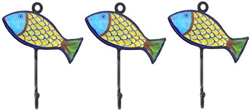 Pottery & Iron - Beach House Fish Wall Hooks - Set of 3 - Iron Hangers for Coats, Aprons, Hats, Towels, Pot Holders (Yellow)
