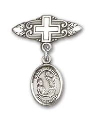 Sterling Silver Baby Badge with St. Cecilia Charm and Badge Pin with Cross