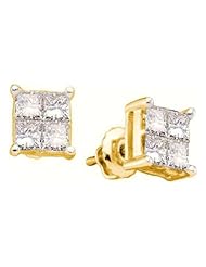 1 cttw 14k Yellow Gold Diamond Princess Cut Invisible Set Earrings Unisex (Real Diamonds: 1 cttw)