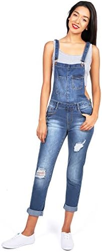 Monkey Jeans Women's Juniors Classic Distressed Denim Overalls (L, Denim)