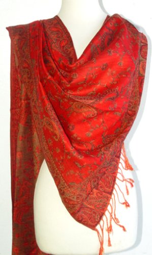 Elegant Red Reversible Paisley Pashmina Silk Shawl Wrap