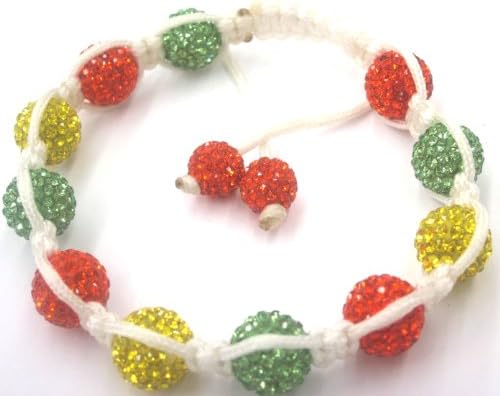 Shamballa Bracelet with Alternating Bright Orange, Bright Yellow and Apple Green Pave Crystal Balls with White Cord. Adjustable Size. Coordinating Color Earrings Available. Search by Pavel Steel Pave Crystal Ball Stud Earrings.
