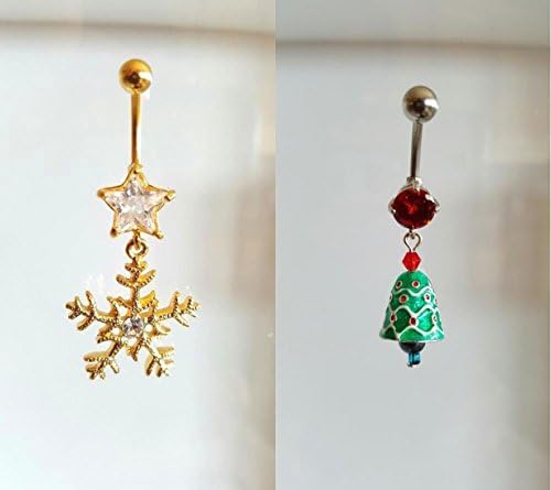 Belly Ring Christmas Holiday Snowflake And Bell Dangle Navel Ring / 2PCS (Snowflake &amp; Bell 2pcs)