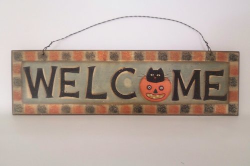 Halloween Welcome with a Cat in a Pumpkin Holiday Party Decoration Sign NEW