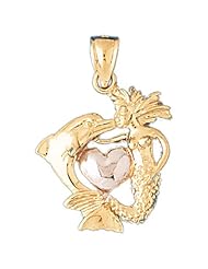 CleverEves 14K Gold Pendant 3-D Two Tone Mermaid, Dolphin, and Heart 7 - Gram(s)