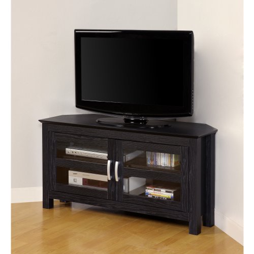 44" Wood Corner TV Stand, Black Wood Finish and Glass Doors Tisurums
