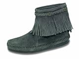 Hi Top Back Zip Fringe Boot in Grey Suede